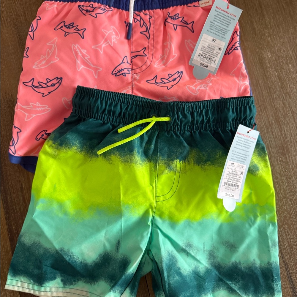 Cat & Jack Pink Shark and Green Ombre Swim Trunks